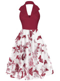 Wine Red 1950s Butterfly Lapel Mesh Dress