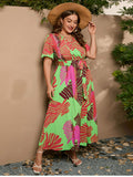 [Plus Size] Bright Green 1930s Leaf V-Neck Dress With Belt