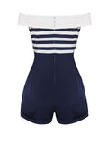 [US Warehouse] Navy Blue 1950s Patchwork Off-shoulder Striped Romper