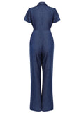 Navy Blue 1950s Tencel Denim Button Jumpsuit