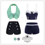 Green 1950s Retro Halter Stripes Bikini Set
