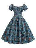 1950s Blue Floral Puff Sleeve Dress