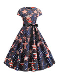 Navy 1950s Stars Patchwork Bowknot Dress