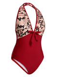 [US Warehouse] Wine Red 1950s Floral Backless Swimsuit