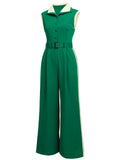 Green Lapel Collar Sleeveless Jumpsuit