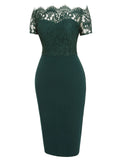 Dark Green 1960s Lace Off-shoulder Dress
