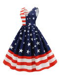 Navy 1950s Stars Patchwork Swing Dress