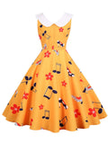 1950s Lapel Music Note Floral Dress