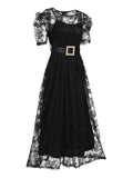 2PCS Black 1940s Solid Lace Belt Vintage Dress