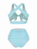 2PCS Light Blue Plaid Halter Neck Swimsuit