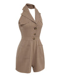 Khaki 1950s Notched Collar Solid Romper