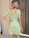 Green Floral Peasant Sleeve Dress