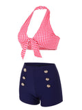 Pink Retro Plaid Halter Bikini Set