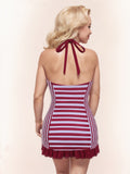 Wine Red 1950s Stripe Heart Collar Swimsuit