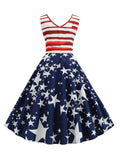 Navy 1950s Stripes Patchwork Swing Dress