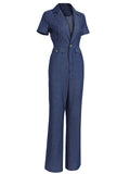 Navy Blue 1950s Tencel Denim Button Jumpsuit