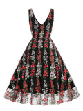 1950s Embroidered Floral V-Neck Swing Dress