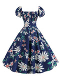 1950s Blue Floral Puff Sleeve Dress