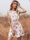White Floral Ruffles Belt Dress
