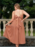 [Plus Size] 1950s Spaghetti Strap Solid Bow Dress