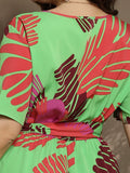 [Plus Size] Bright Green 1930s Leaf V-Neck Dress With Belt