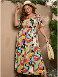 [Plus Size] 1930s Geometric Elastic Waist Floral Maxi Dress