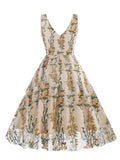 1950s Embroidered Floral V-Neck Swing Dress