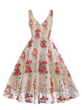1950s Embroidered Floral V-Neck Swing Dress