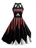 Black 1950s Halloween Halter Stripes Skull Dress
