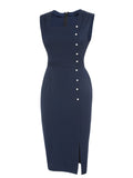Navy Blue 1960s Decorative Button Pencil Dress