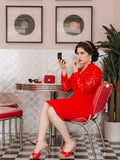 Red 1960s Lace Long Sleeves Patchwork Dress