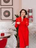 Red 1960s Lace Long Sleeves Patchwork Dress