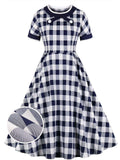 Navy 1950s Plaid Cross Tie Swing Dress