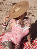 Checked 1950s Halter Bowknot One-piece Swimsuit