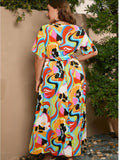 [Plus Size] 1930s Geometric Elastic Waist Floral Maxi Dress