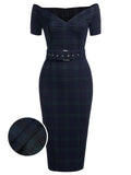 Navy 1960s Plaids Bodycon Dress