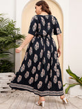 [Plus Size] 1930s Bohemian Botanical V-Neck Skater Dress