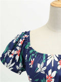 1950s Blue Floral Puff Sleeve Dress