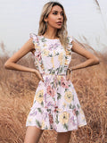 White Floral Ruffles Belt Dress