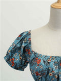 1950s Blue Floral Puff Sleeve Dress