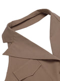 Khaki 1950s Notched Collar Solid Romper