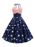 Navy 1950s Halter Stripes Flag Dress