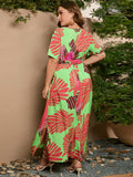 [Plus Size] Bright Green 1930s Leaf V-Neck Dress With Belt