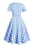 Blue 1950s Plaid Belt Swing Dress