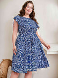 [Plus Size] Blue 1950s Floral Ruffle Sleeved Dress