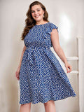 [Plus Size] Blue 1950s Floral Ruffle Sleeved Dress