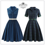 2PCS Sleeveless Lapel Dress & Plaids Belted Swing Dress