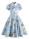 Blue 1950s Floral Lace Swing Dress