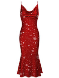 [Pre-Sale] Red 1930s Christmas Strap Snowflake Mermaid Dress