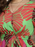 [Plus Size] Bright Green 1930s Leaf V-Neck Dress With Belt
